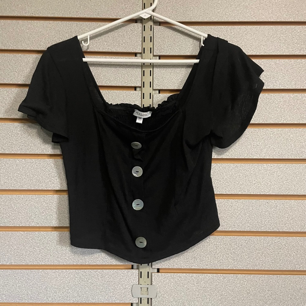 Persaya Black Top Button Up Square Neck Short Sleeve Smocked Blouse